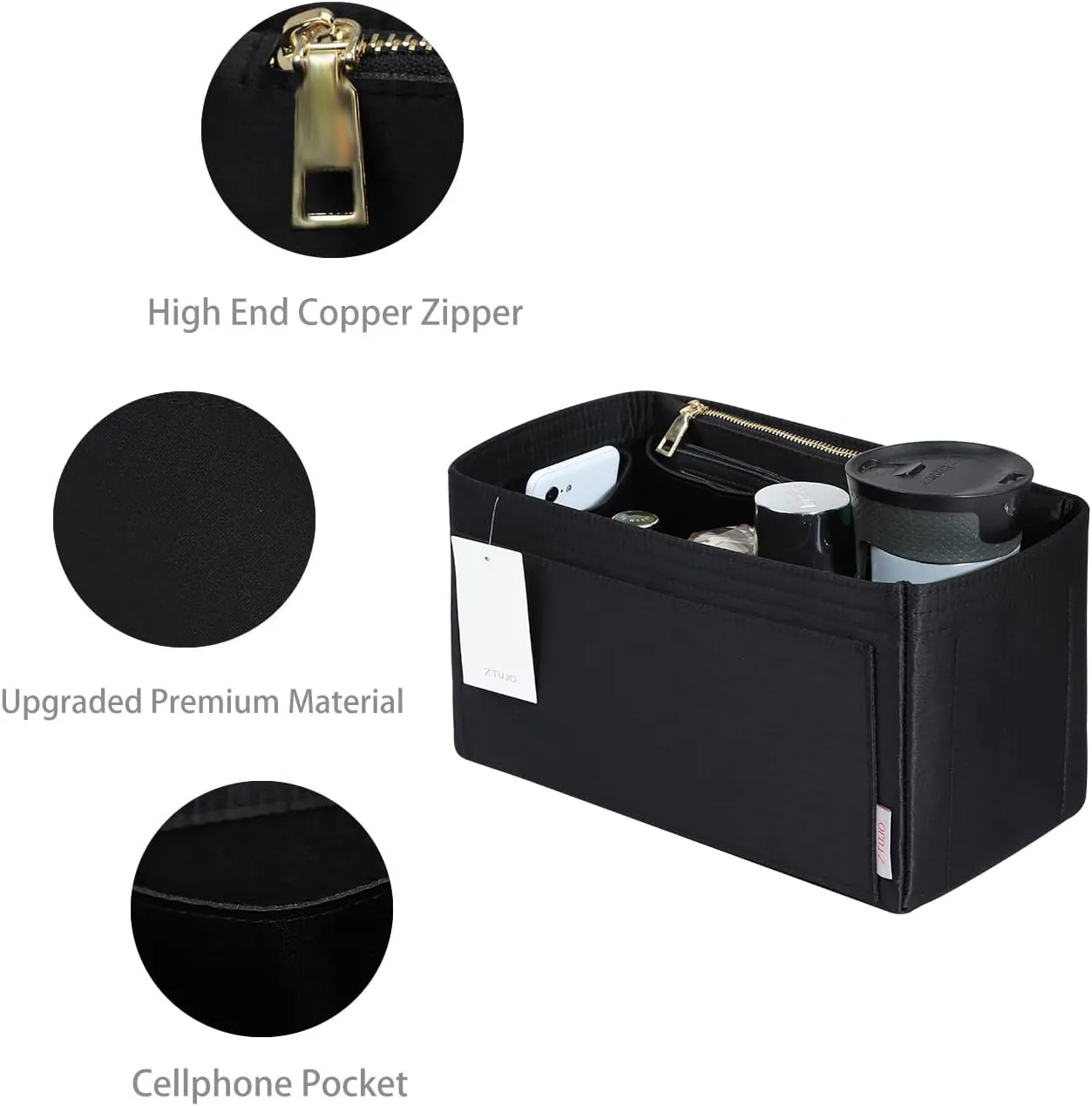 ZTUJO Purse Organizer Insert For Handbags, Silky Touching Bag Organizer Insert With Bottle Holder, Perfect for Speedy, Neverfull, Tote,ONTHEGO,Artsy,Handbag and More (Slender Medium, Silky Black)