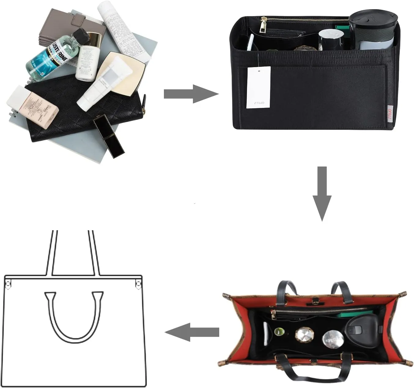 ZTUJO Purse Organizer Insert For Handbags, Silky Touching Bag Organizer Insert With Bottle Holder, Perfect for Speedy, Neverfull, Tote,ONTHEGO,Artsy,Handbag and More (Slender Medium, Silky Black)