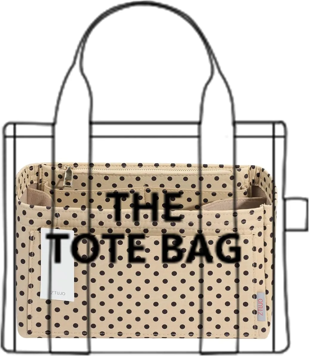 ZTUJO Purse Organizer Insert For Handbags, Silky Touching Bag Organizer Insert With Bottle Holder, Perfect for Speedy, Neverfull, Tote,ONTHEGO,Artsy,Handbag and More (small, Brown polk dots Beige)