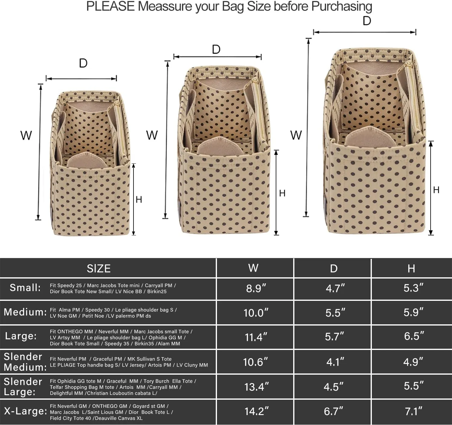ZTUJO Purse Organizer Insert For Handbags, Silky Touching Bag Organizer Insert With Bottle Holder, Perfect for Speedy, Neverfull, Tote,ONTHEGO,Artsy,Handbag and More (small, Brown polk dots Beige)
