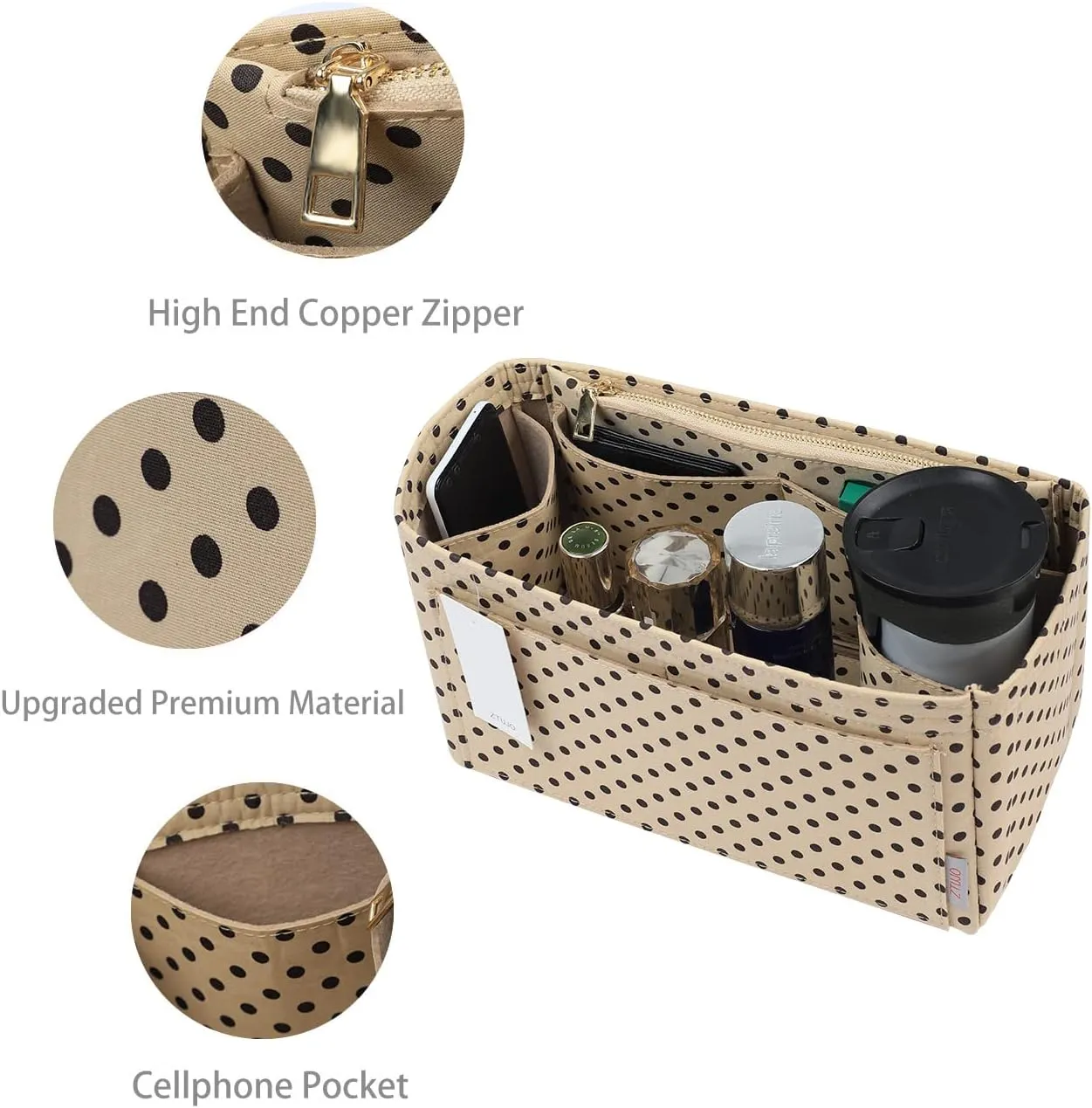 ZTUJO Purse Organizer Insert For Handbags, Silky Touching Bag Organizer Insert With Bottle Holder, Perfect for Speedy, Neverfull, Tote,ONTHEGO,Artsy,Handbag and More (small, Brown polk dots Beige)