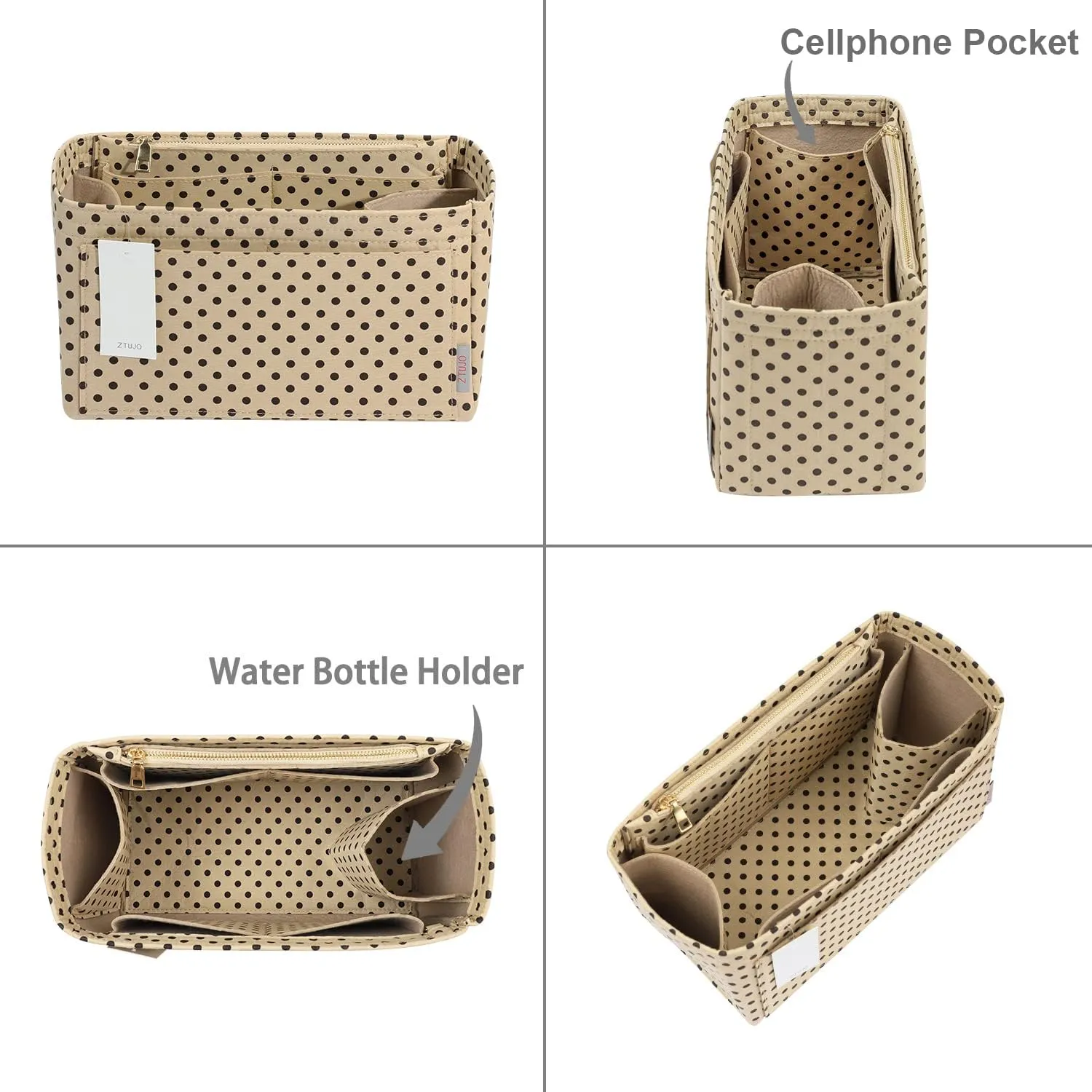 ZTUJO Purse Organizer Insert For Handbags, Silky Touching Bag Organizer Insert With Bottle Holder, Perfect for Speedy, Neverfull, Tote,ONTHEGO,Artsy,Handbag and More (small, Brown polk dots Beige)