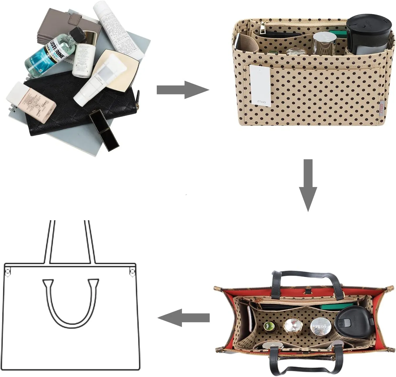 ZTUJO Purse Organizer Insert For Handbags, Silky Touching Bag Organizer Insert With Bottle Holder, Perfect for Speedy, Neverfull, Tote,ONTHEGO,Artsy,Handbag and More (small, Brown polk dots Beige)